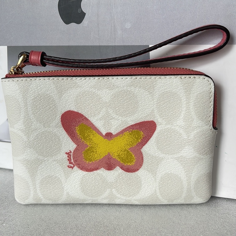 Coach Butterfly Corner Zip Signature Canvas Wristlet Gem